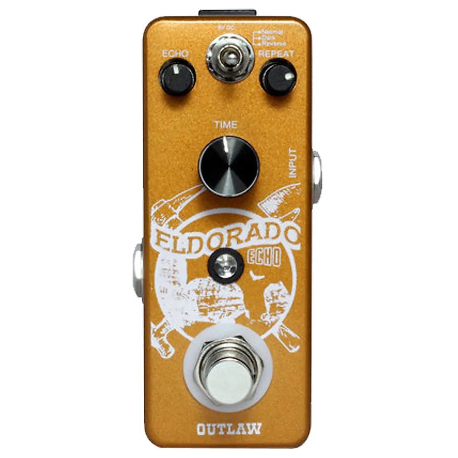 Outlaw Effects Eldorado Echo delay pedal — gold mini pedal front view