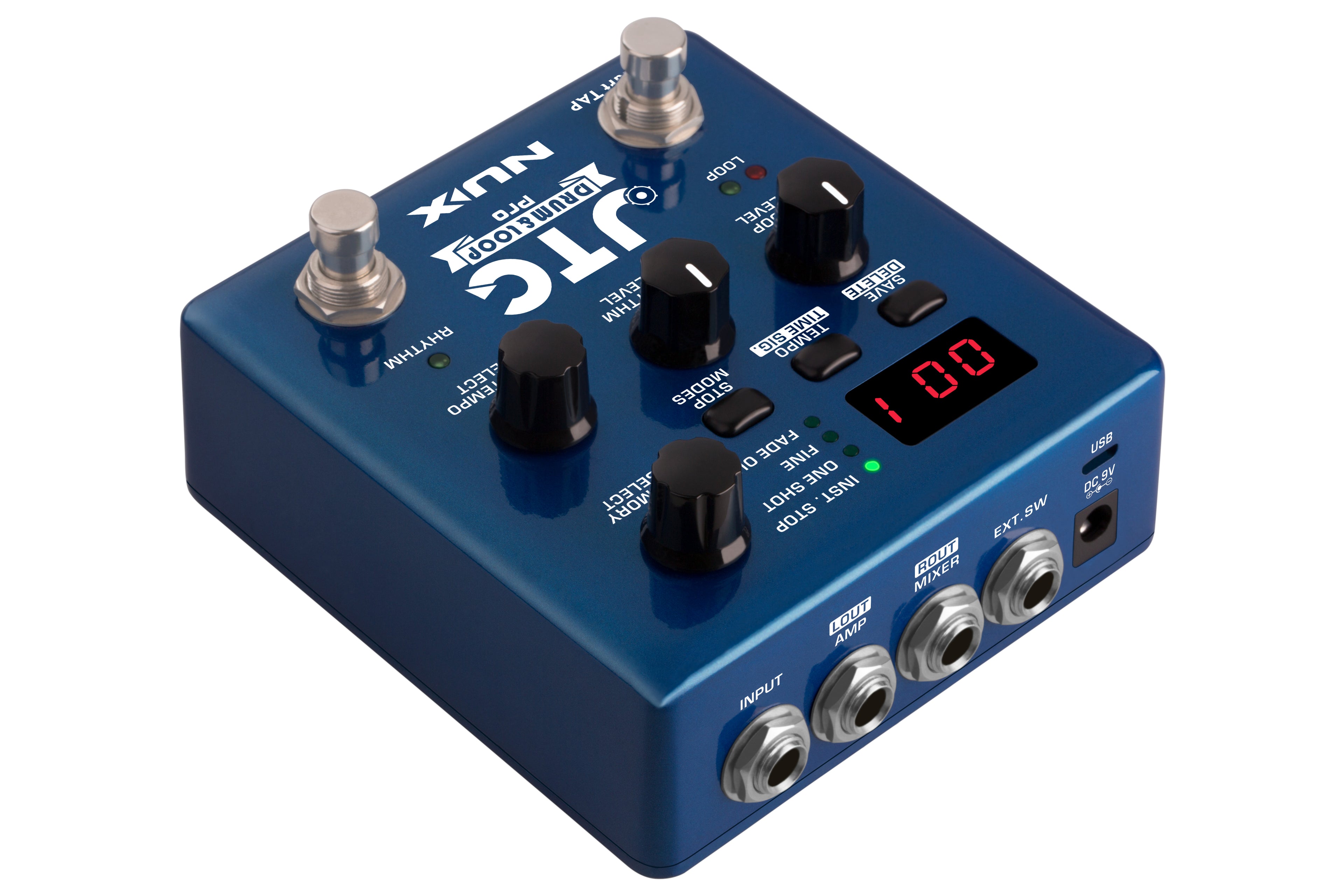 Open box NUX NDL-5 JTC Drum & Loop Pro looper pedal — controls closeup