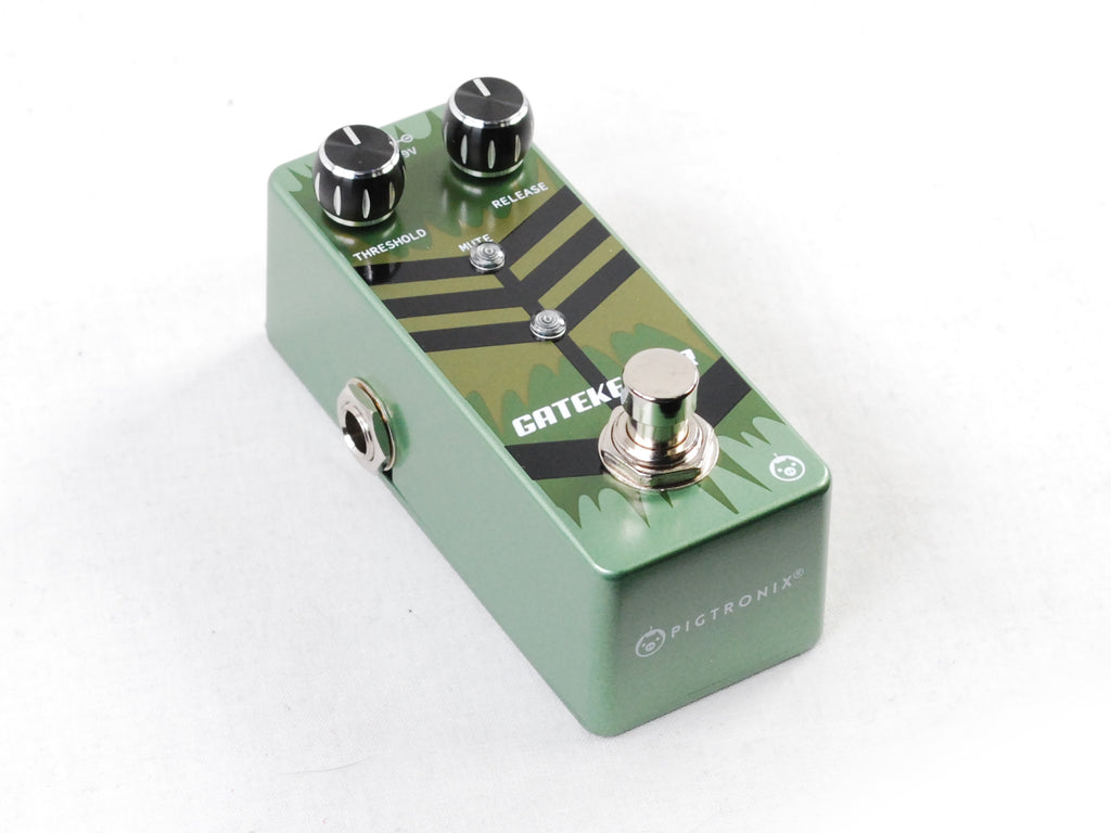 Pigtronix Gatekeeper Micro noise gate — angled side view of green pedal