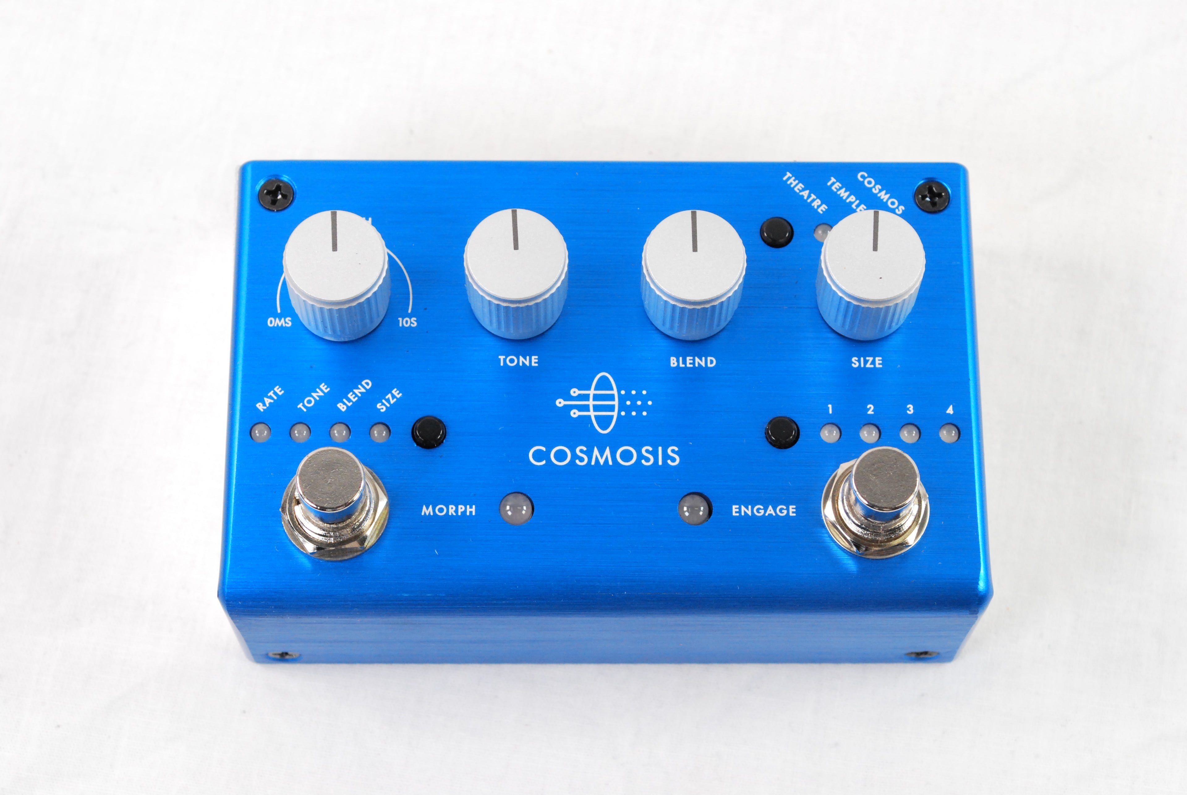 Pigtronix Cosmosis reverb pedal — blue chassis with morph and engage footswitches