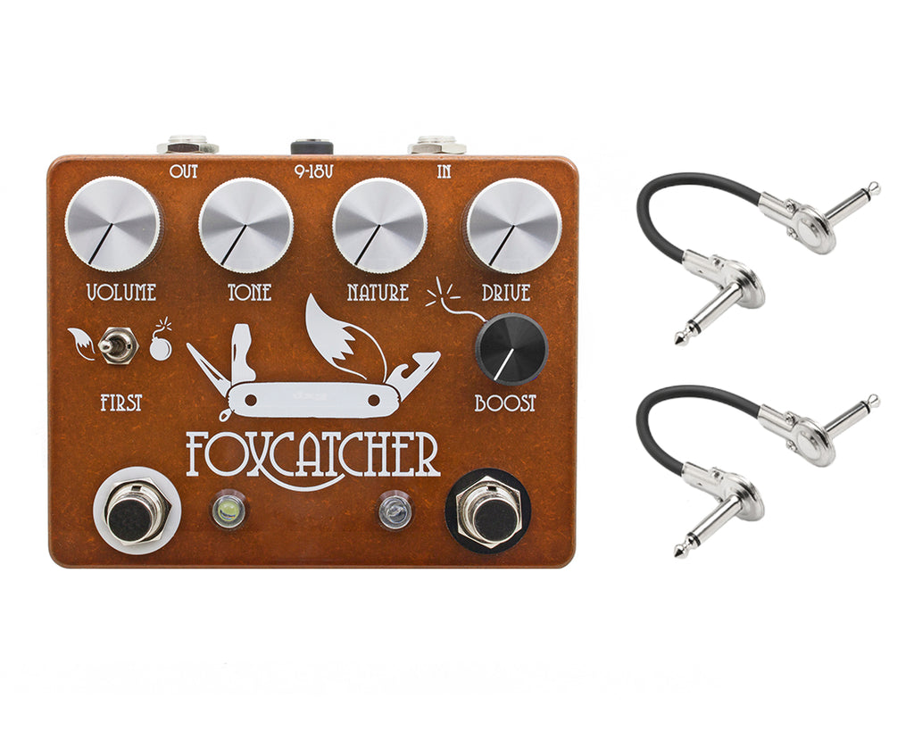 CopperSound Foxcatcher overdrive pedal with two metal patch cables