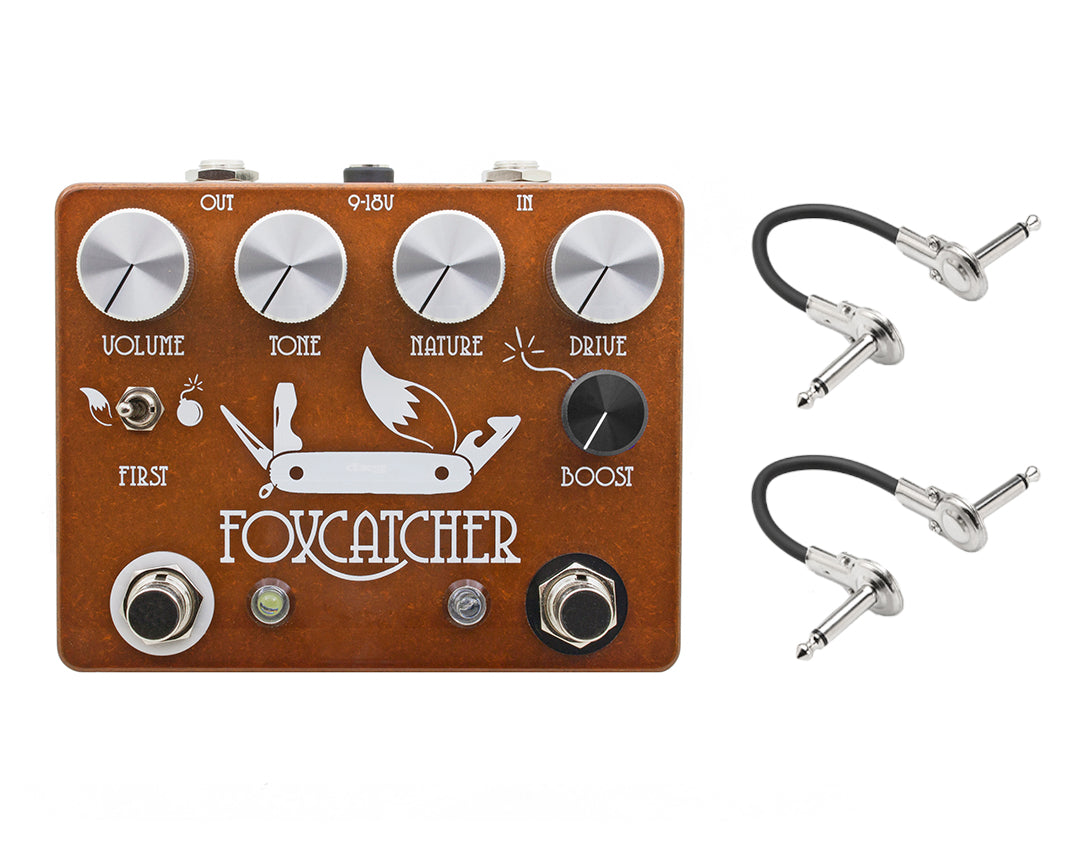 CopperSound Foxcatcher overdrive pedal with two metal patch cables
