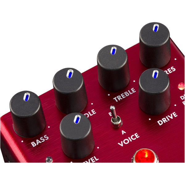 Fender Santa Ana Overdrive pedal top detail view showing knobs and voice toggle