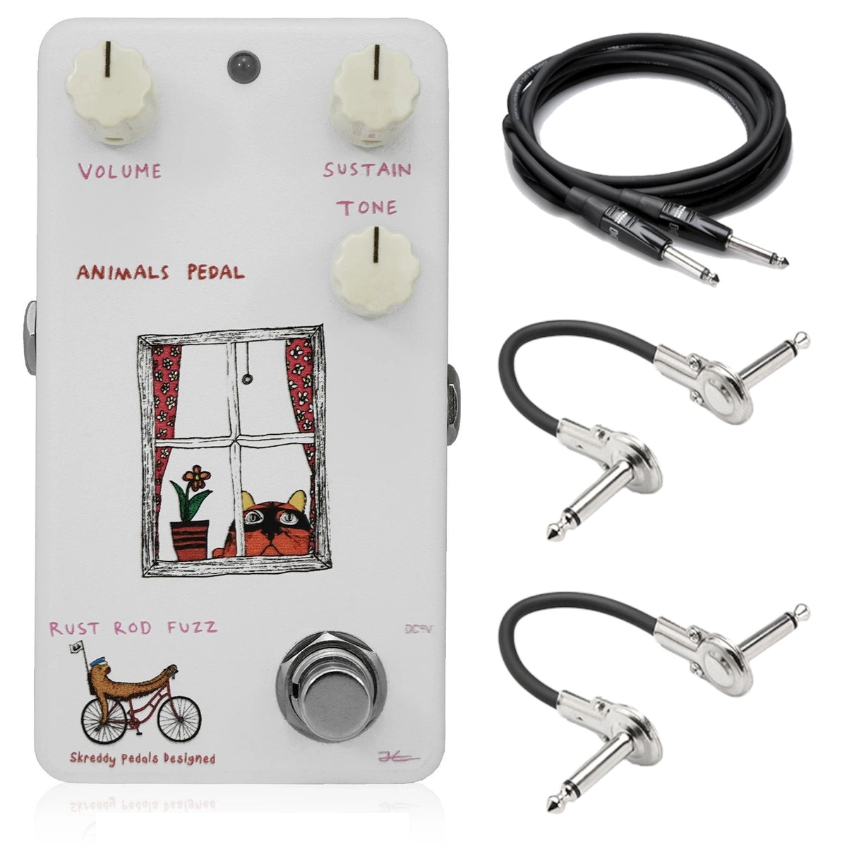 Animals Pedal Rust Rod Fuzz V2 pedal — white enclosure with cat art and included cables