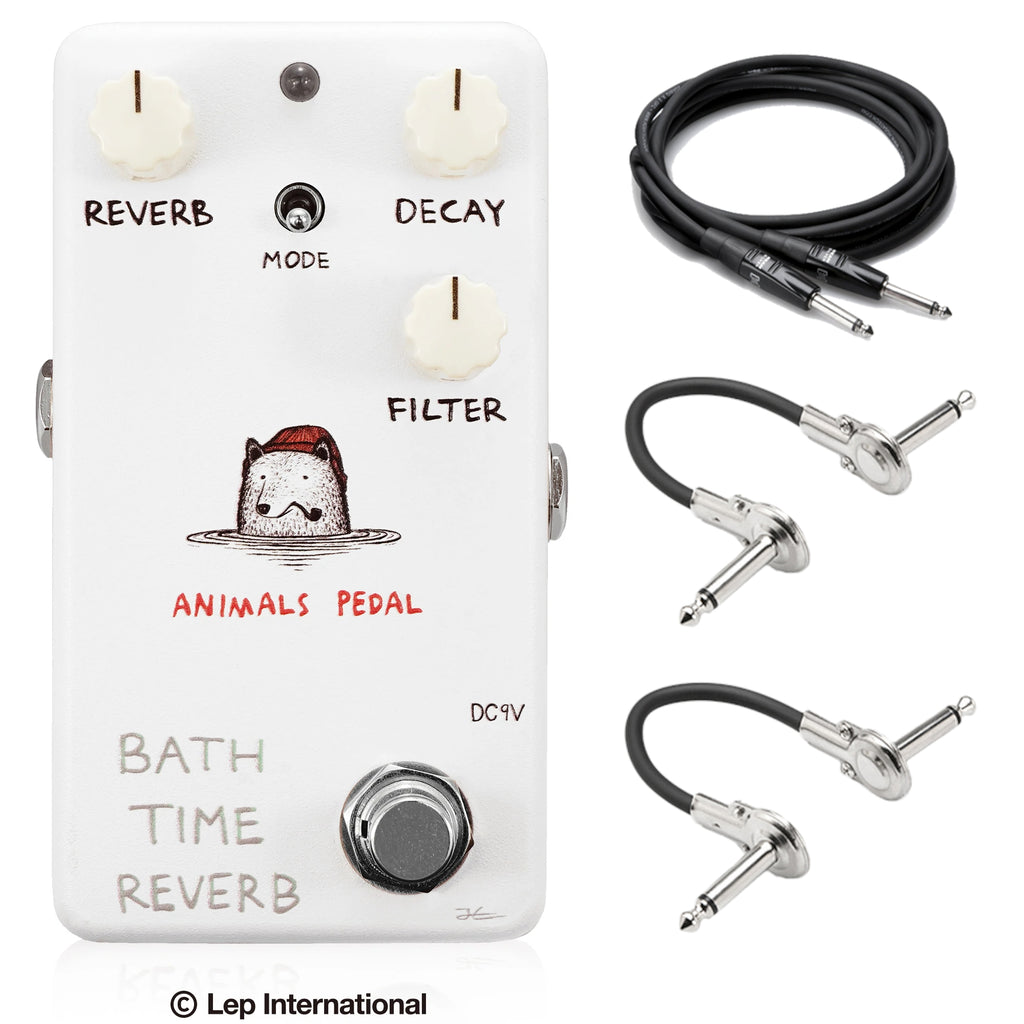 Animals Pedal Bath Time Reverb V2 guitar pedal — white enclosure with included cables
