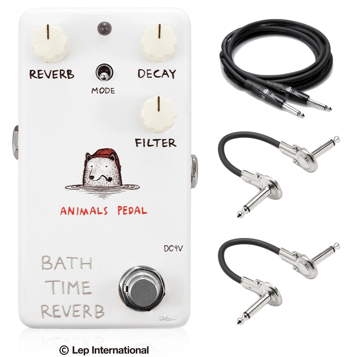 Animals Pedal Bath Time Reverb V2 guitar pedal — white enclosure with included cables