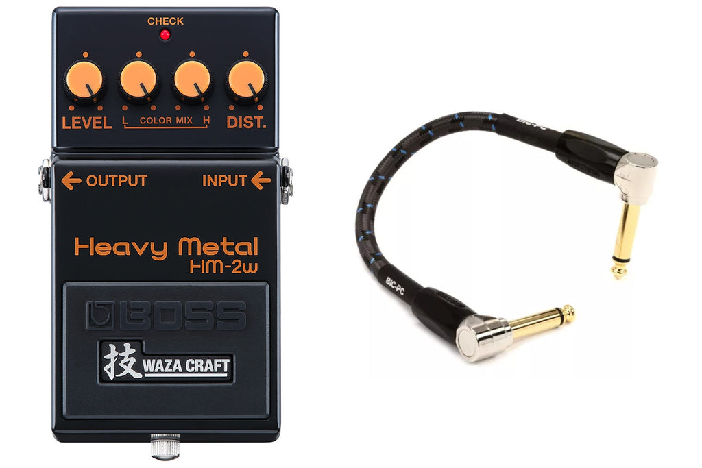 Boss HM-2W Waza Craft Heavy Metal distortion pedal — front with included patch cable