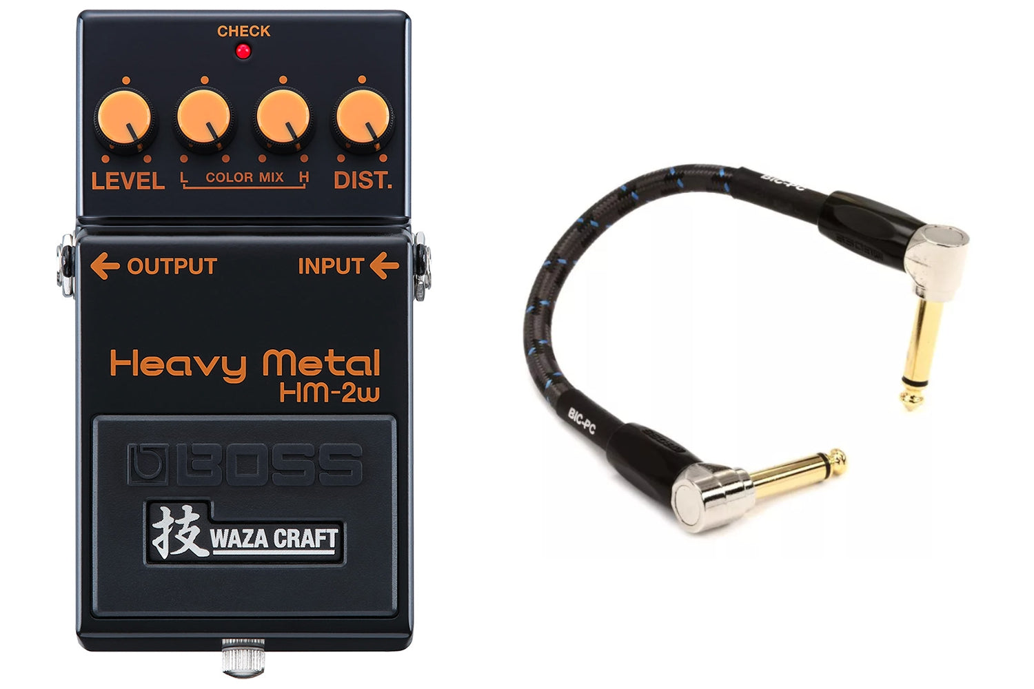 Boss HM-2W Waza Craft Heavy Metal distortion pedal — front with included patch cable