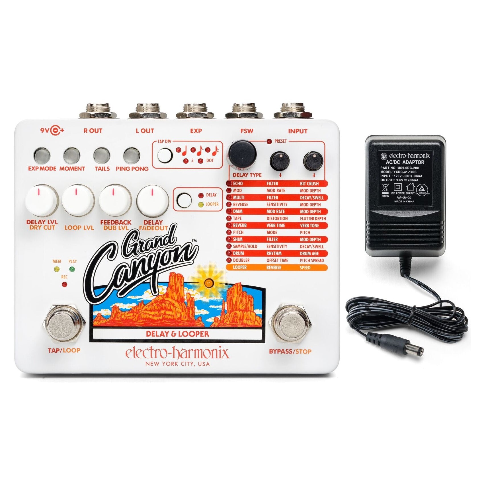 EHX Grand Canyon delay and looper pedal packaging and accessories