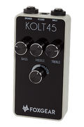 Foxgear Kolt 45 power amplifier pedal — front view, black face with Bass Middle Treble Master knobs