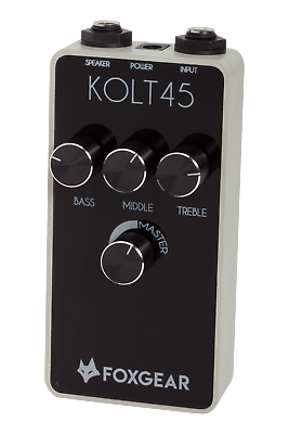 Foxgear Kolt 45 power amplifier pedal — front view, black face with Bass Middle Treble Master knobs