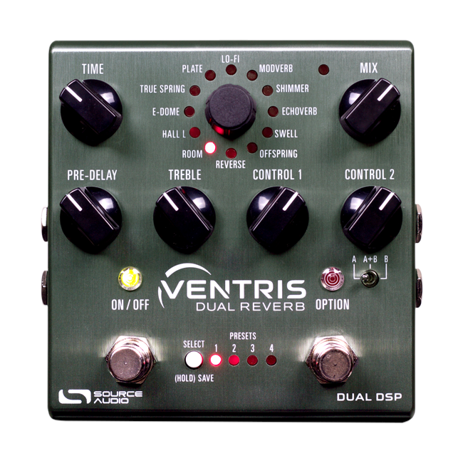 Source Audio SA262 Ventris Dual Reverb pedal — dark green enclosure, top control view
