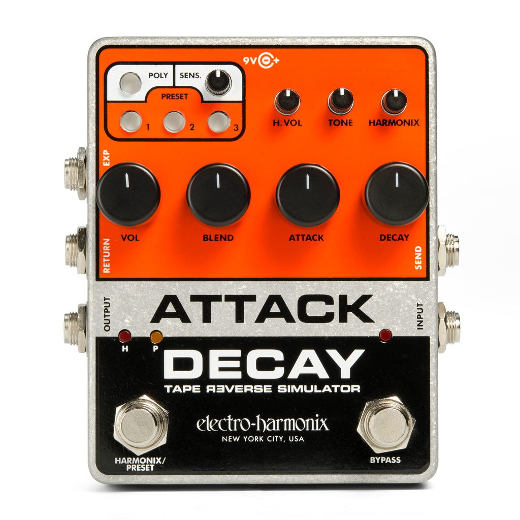 Electro-Harmonix Attack Decay tape reverse simulator pedal, orange and silver