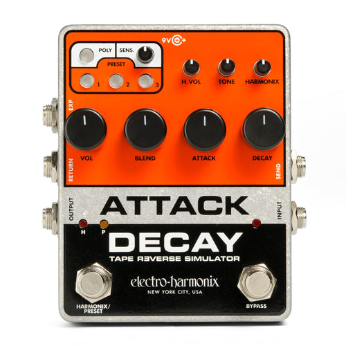 Electro-Harmonix Attack Decay tape reverse simulator pedal, orange and silver