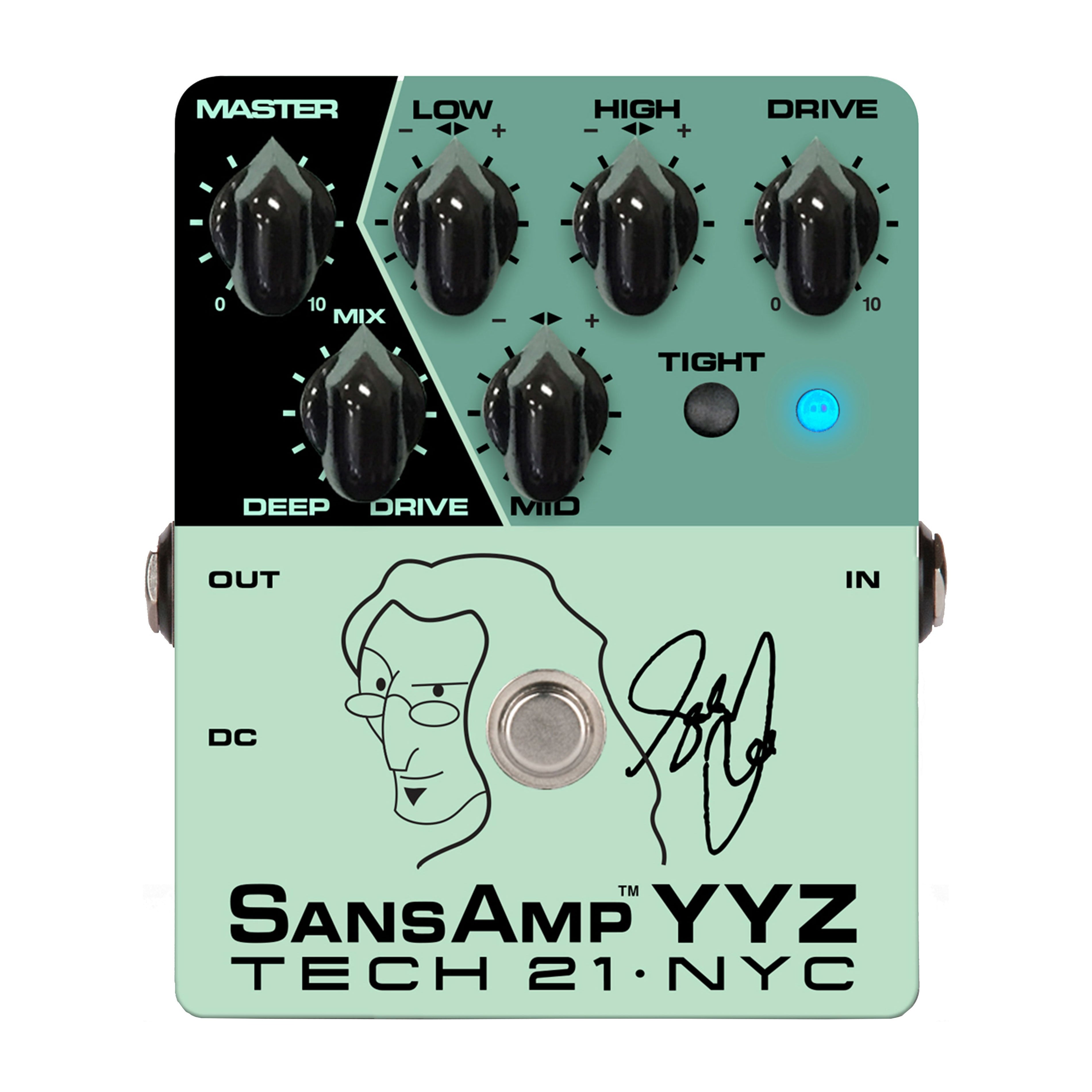 Tech 21 SansAmp YYZ Geddy Lee bass preamp pedal — green and black signature enclosure