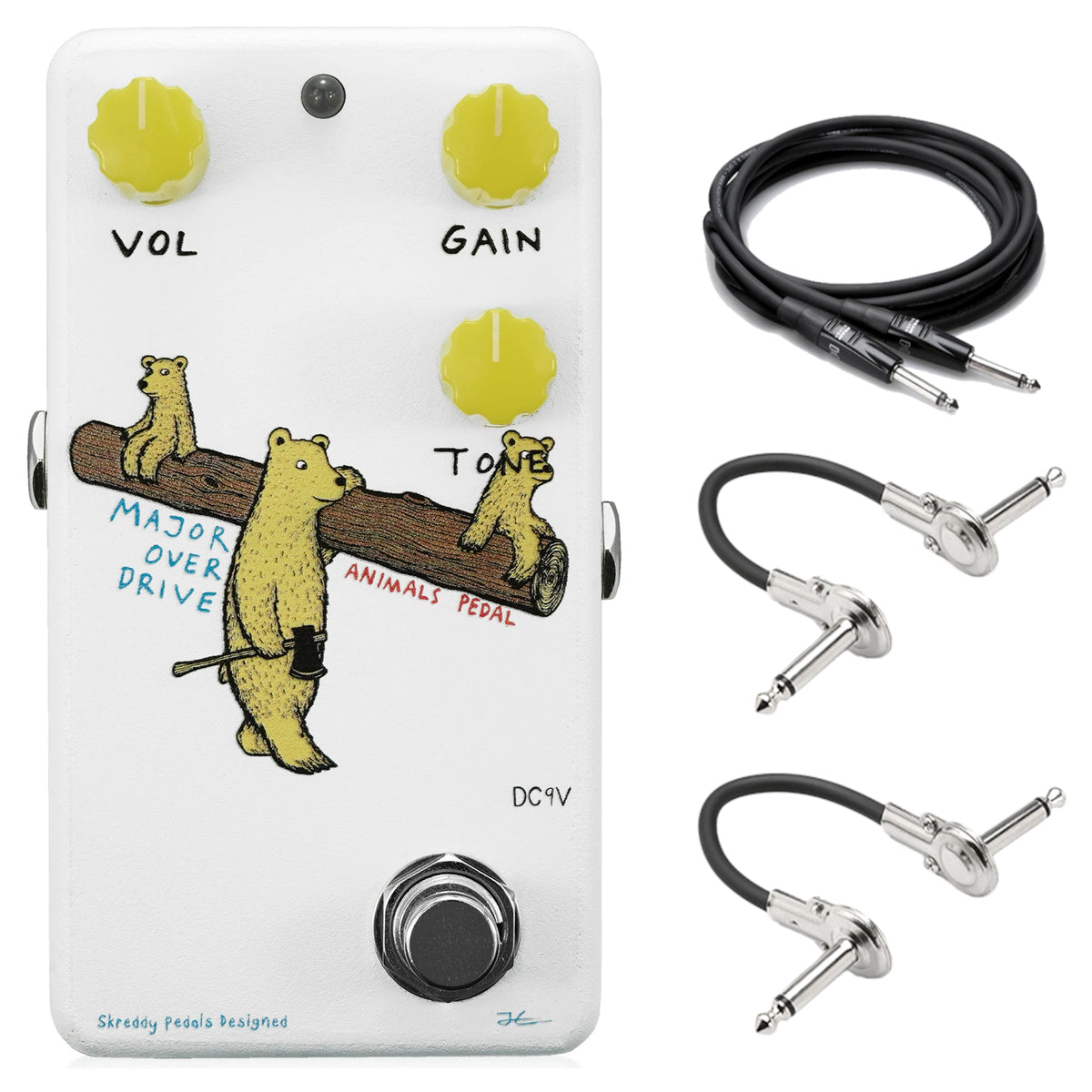 Animals Pedal Major Overdrive V2 guitar effects pedal, white enclosure with Hosa cables