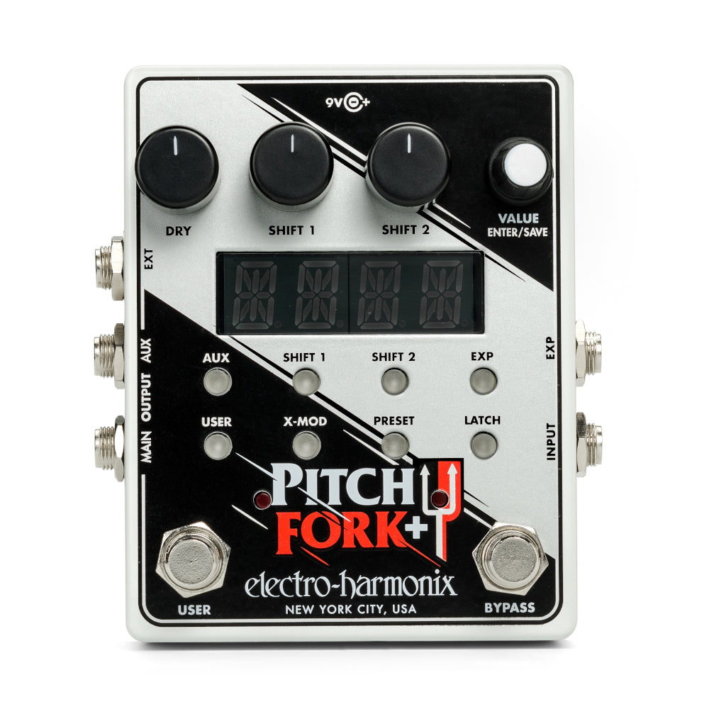Electro-Harmonix Pitch Fork + Plus pitch shifter pedal, silver and black, top view