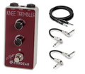 Foxgear Knee Trembler tremolo pedal — red front with bundled instrument and patch cables