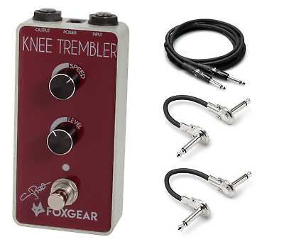 Foxgear Knee Trembler tremolo pedal — red front with bundled instrument and patch cables
