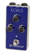 Foxgear Korus analog chorus pedal — front view, blue enclosure with Rate Depth Mix knobs