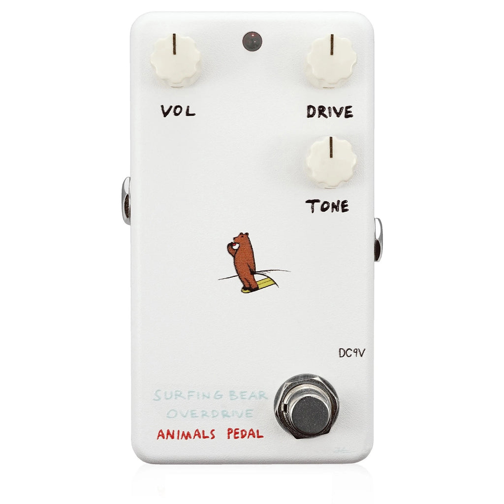 Animals Pedal Surfing Bear Overdrive V2 — white enclosure with surfing bear artwork, top view