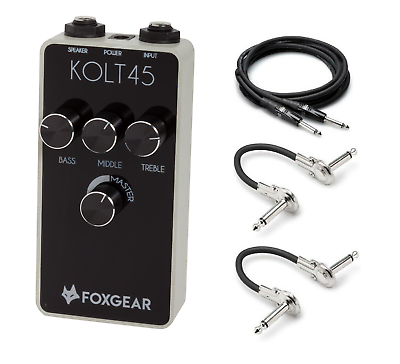 Foxgear Kolt 45 power amplifier pedal — front with bundled instrument and patch cables