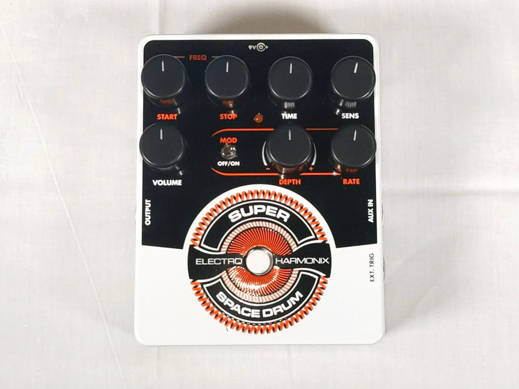 Electro-Harmonix Super Space Drum analog drum synthesizer - black and white enclosure, top view