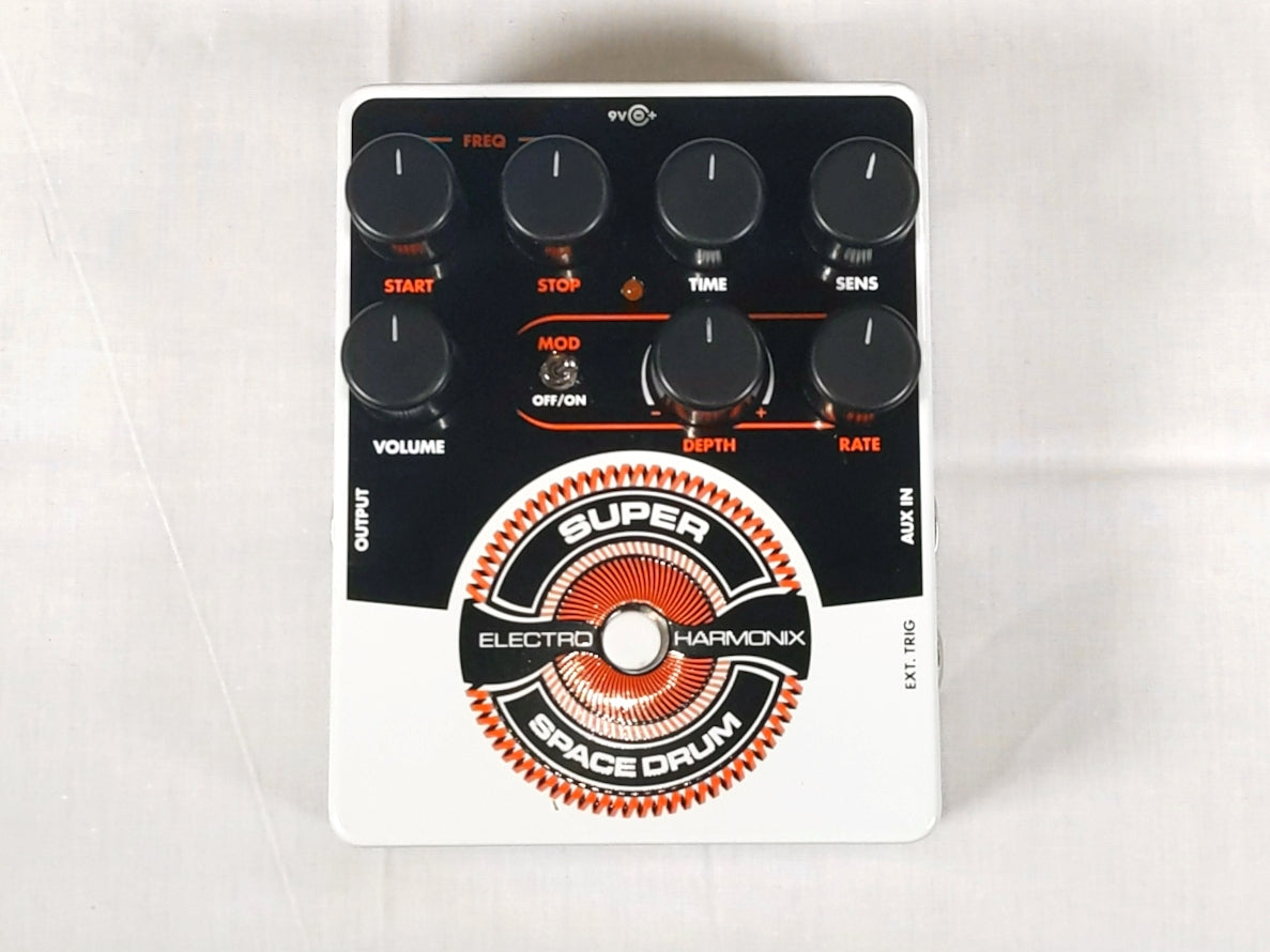 Electro-Harmonix Super Space Drum analog drum synthesizer - black and white enclosure, top view