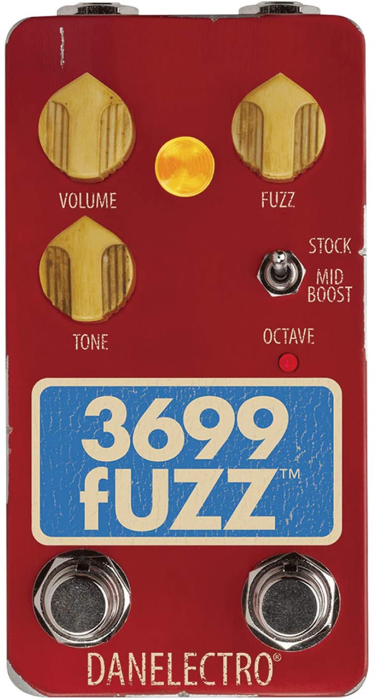 Danelectro 3699 Fuzz pedal — red enclosure front top view with Volume, Fuzz, Tone knobs