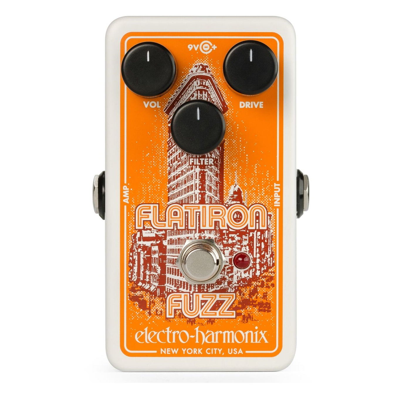 Electro-Harmonix Flatiron Fuzz pedal, orange and white enclosure, top view