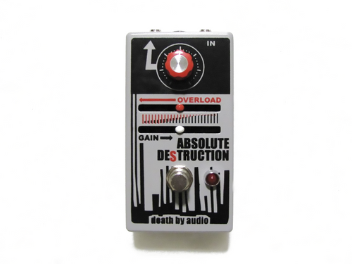 Death By Audio Absolute Destruction fuzz pedal, silver and black enclosure top view