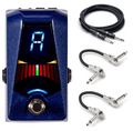 Korg Pitchblack Advance Sparkle Blue pedal tuner — front with bundled guitar and patch cables