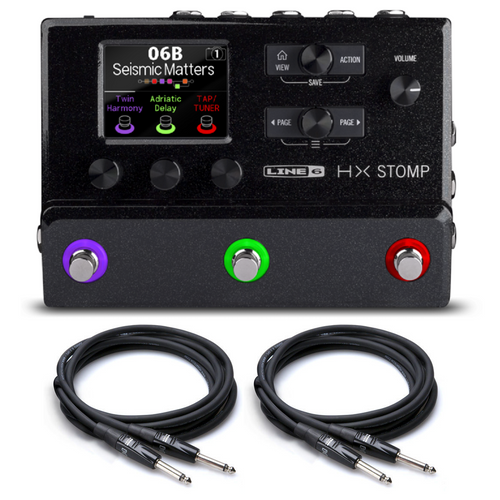Line 6 HX Stomp multi-effects processor — black unit with color display, angled view