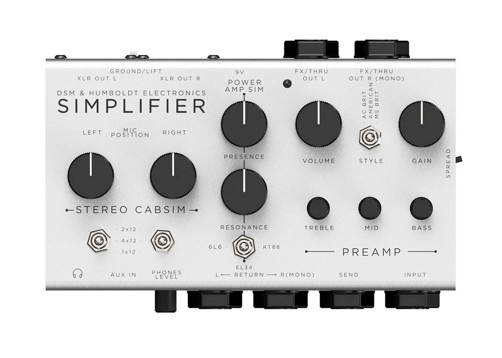 DSM & Humboldt Simplifier amp/cab simulator — white enclosure, control panel detail