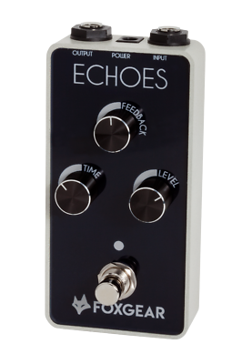 Foxgear Echoes analog delay pedal — black and silver front view