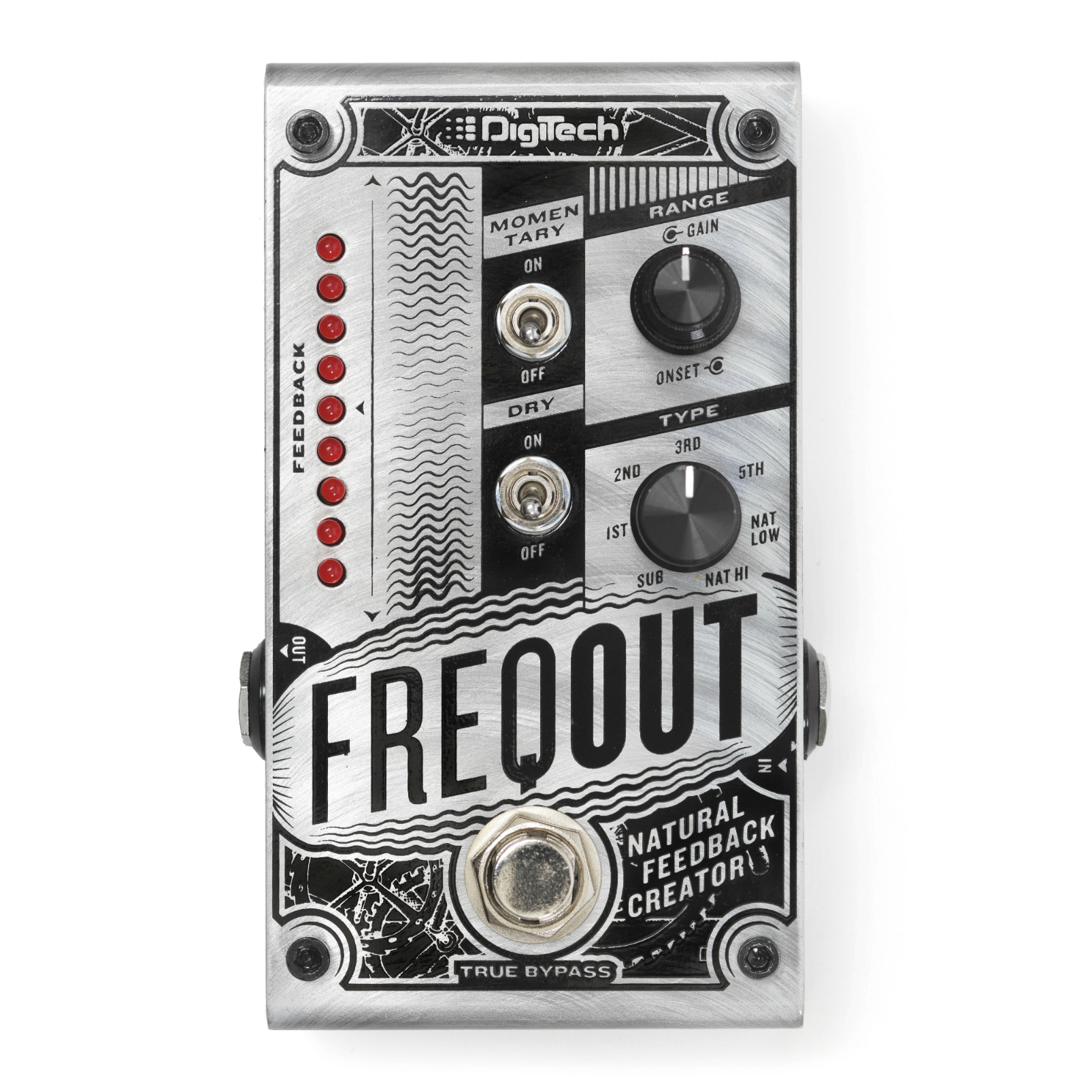 DigiTech FreqOut natural feedback creator pedal — silver, front control panel view