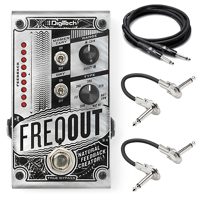 DigiTech FreqOut natural feedback creator pedal — silver enclosure, with included cables