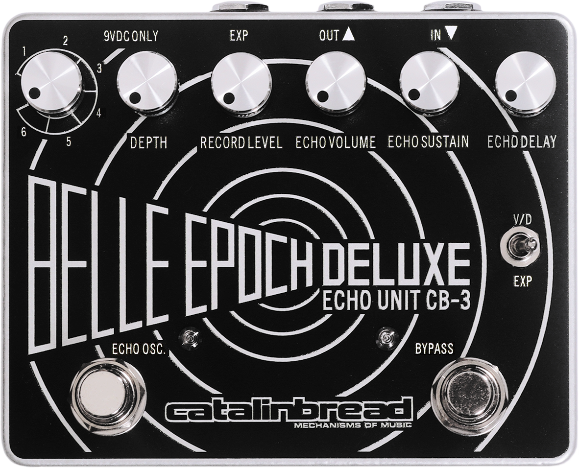 Catalinbread Belle Epoch Deluxe tape echo delay pedal — black enclosure, top control view