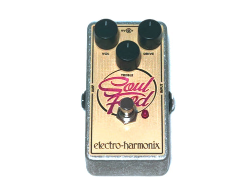 Electro-Harmonix EHX Soul Food Overdrive Pedal — front view, gold enclosure