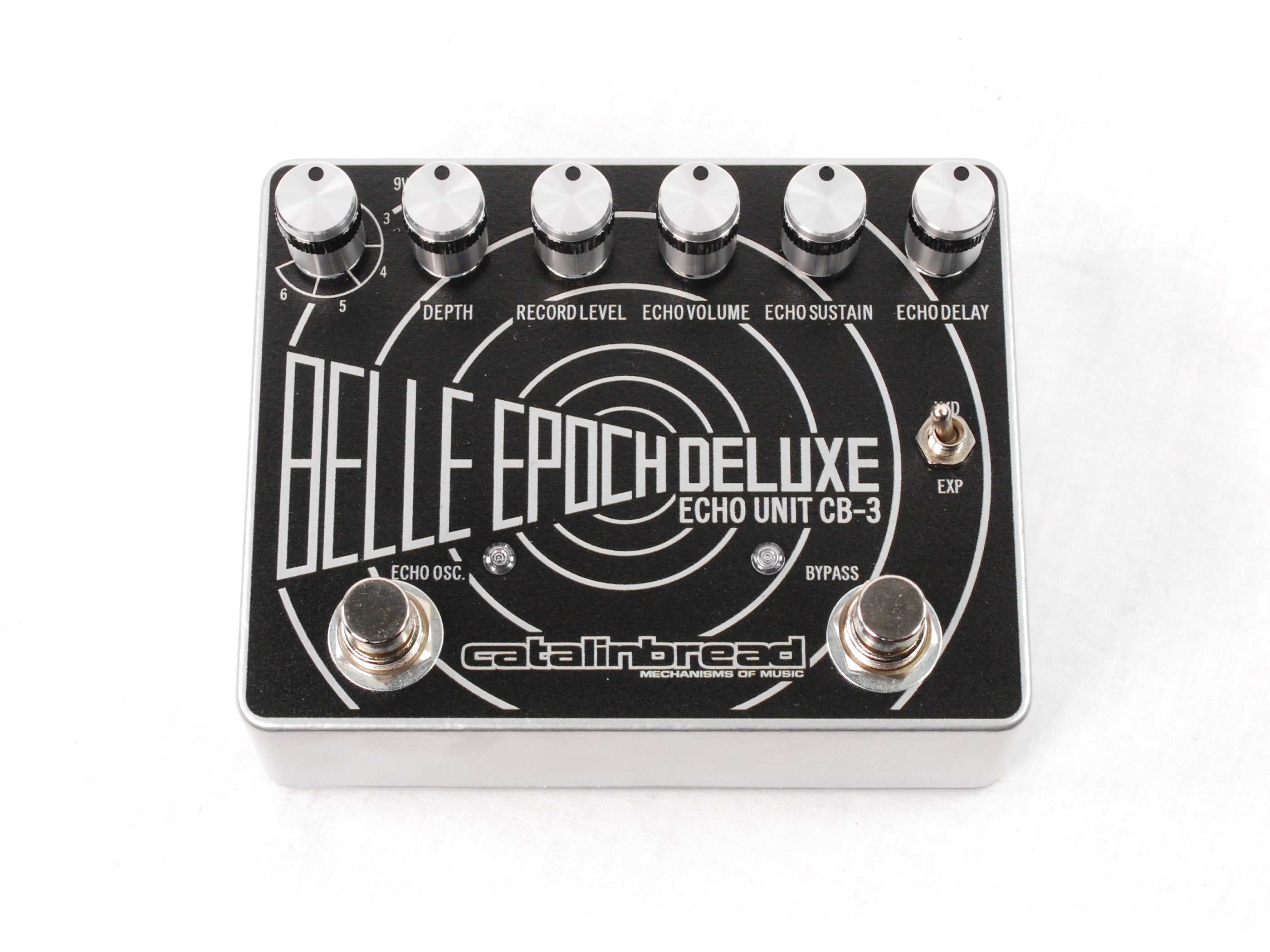 Catalinbread Belle Epoch Deluxe tape echo delay guitar pedal — black top plate on silver chassis with six knobs