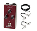 Foxgear Manic Vintage Fuzz guitar pedal, red enclosure with Hosa cables