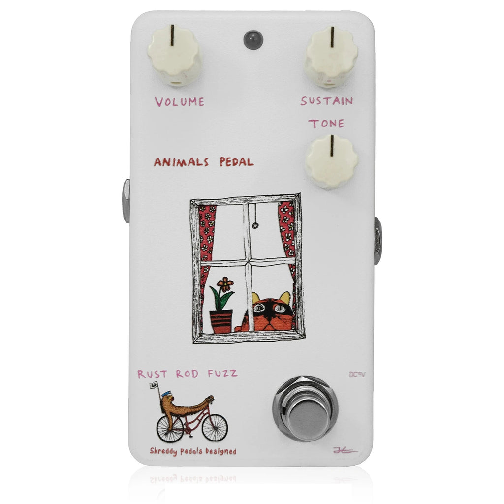 Animals Pedal Rust Rod Fuzz V2 fuzz pedal — white enclosure angled view