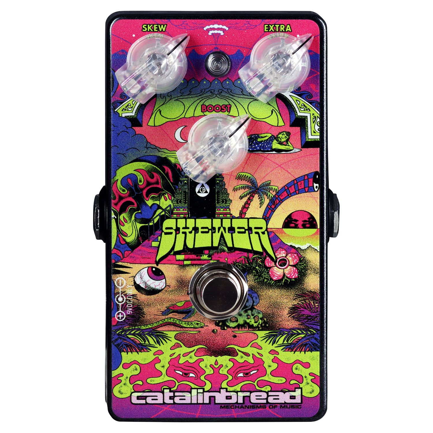 Catalinbread Skewer treble booster guitar effects pedal, black enclosure with psychedelic artwork, silicon transistor boost