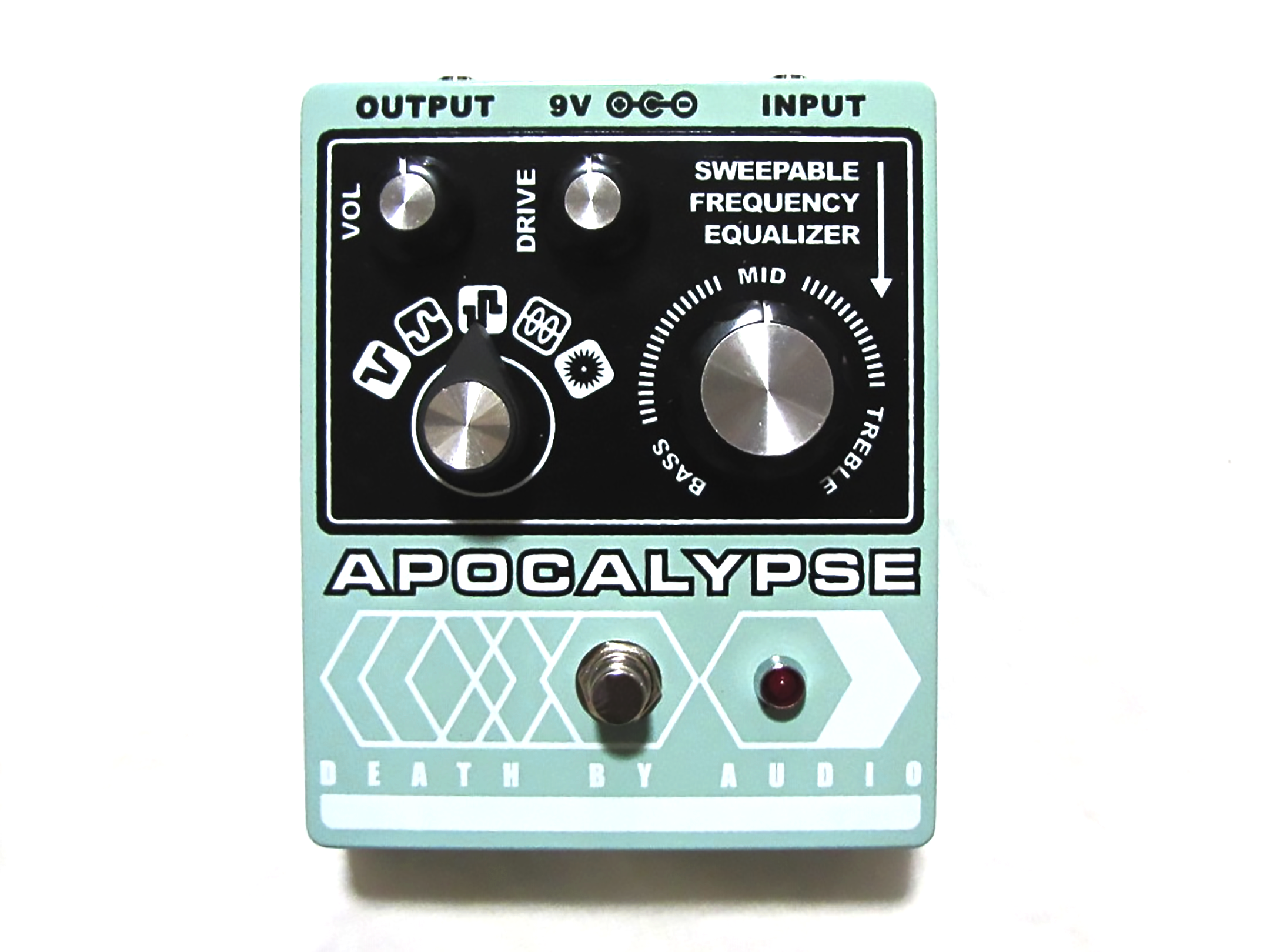 Death By Audio Apocalypse fuzz pedal — green enclosure with black control panel, top view