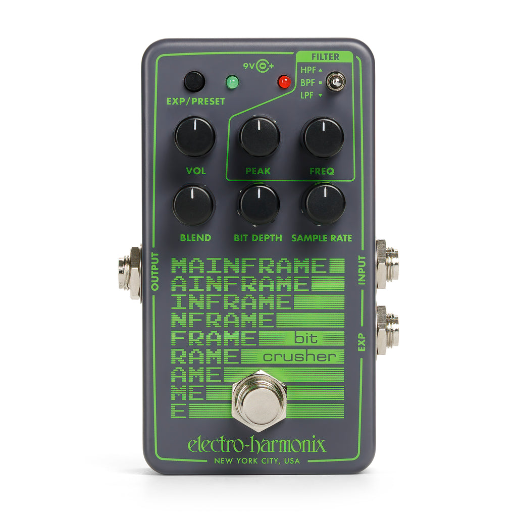 Electro-Harmonix Mainframe Bit Crusher — gray pedal front view with green LED matrix display