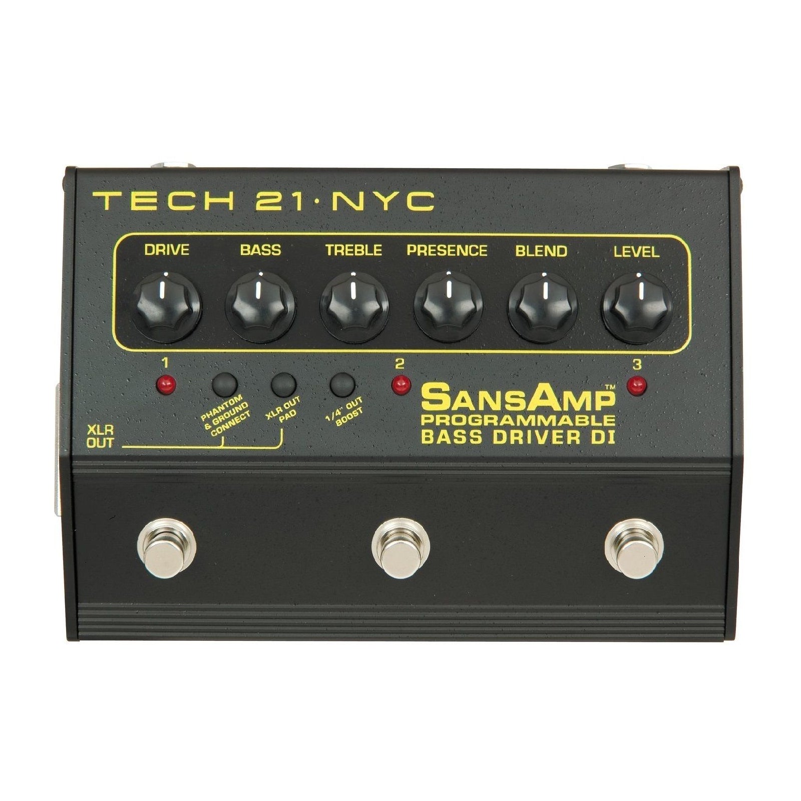 Tech 21 SansAmp Programmable Bass Driver DI bass pedal — angled view of knobs and footswitches