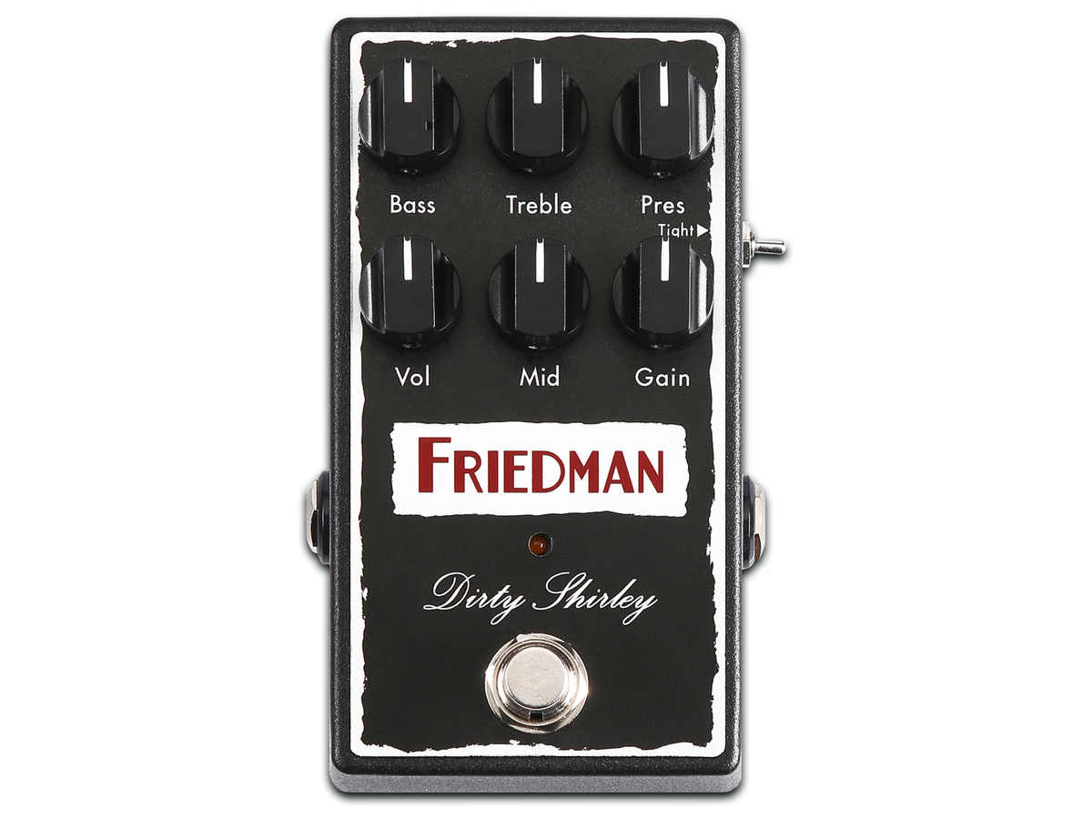 Friedman Dirty Shirley Overdrive Pedal — top view showing bass, treble, presence, volume, mid, gain knobs