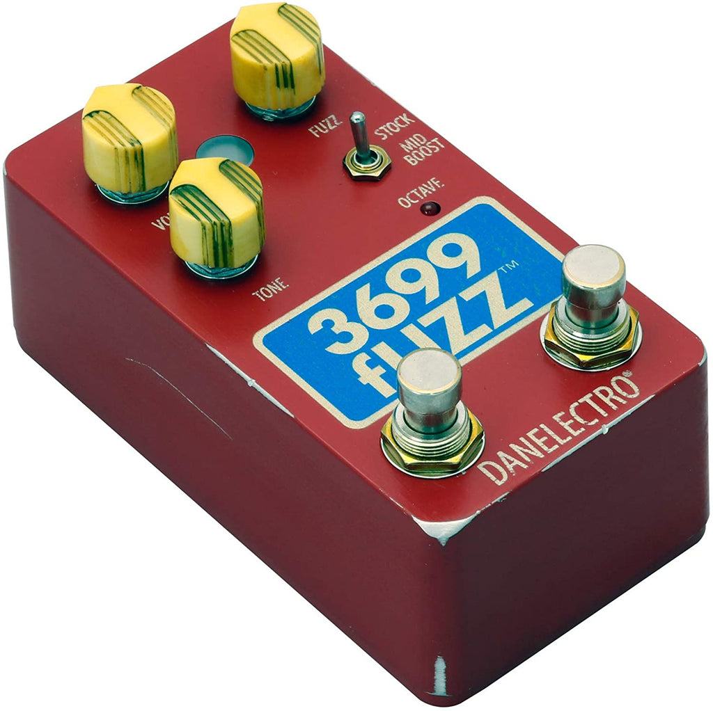 Danelectro 3699 Fuzz pedal — red enclosure angled view showing footswitches