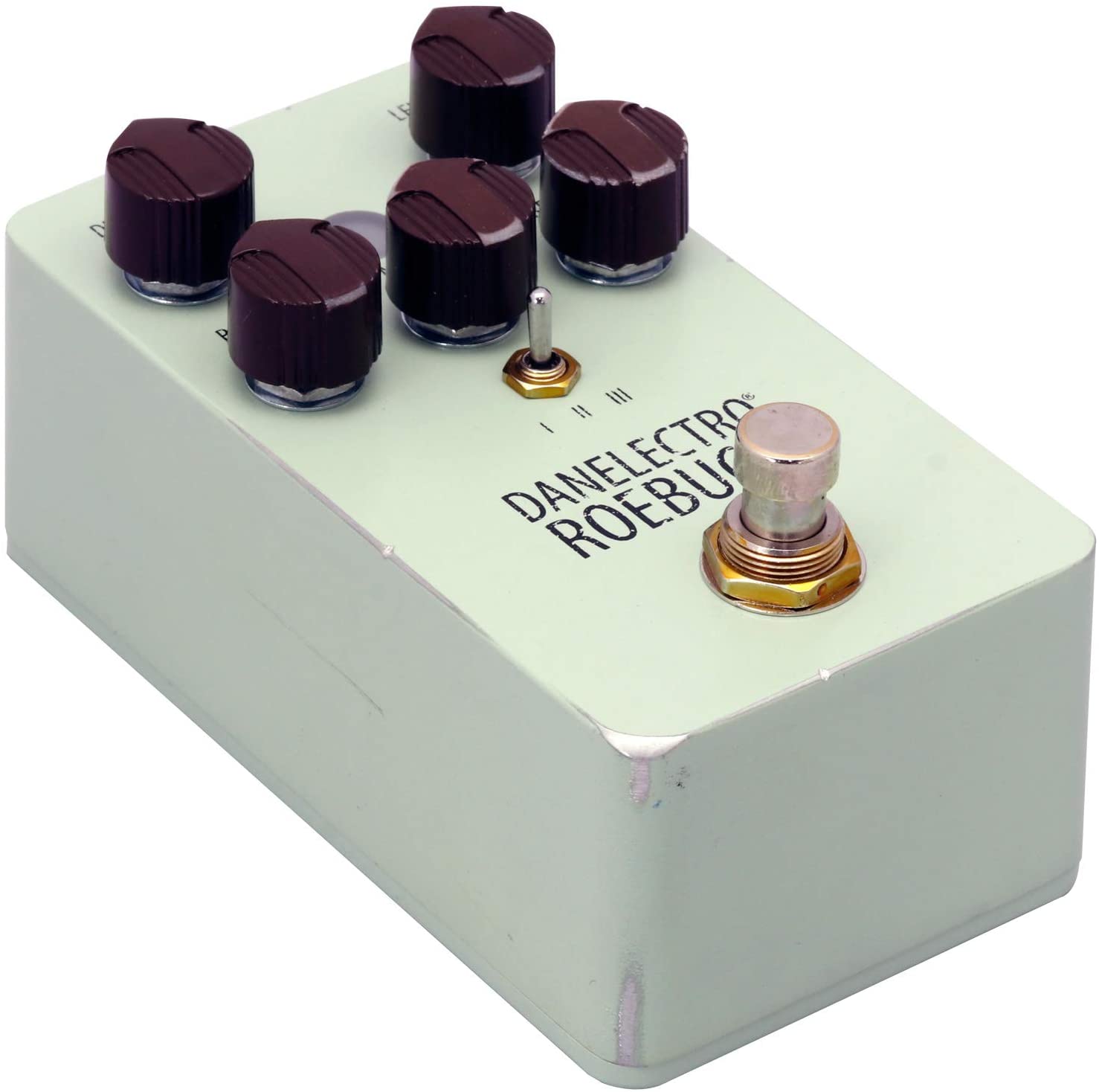 Danelectro Roebuck Distortion pedal - mint green enclosure angled view