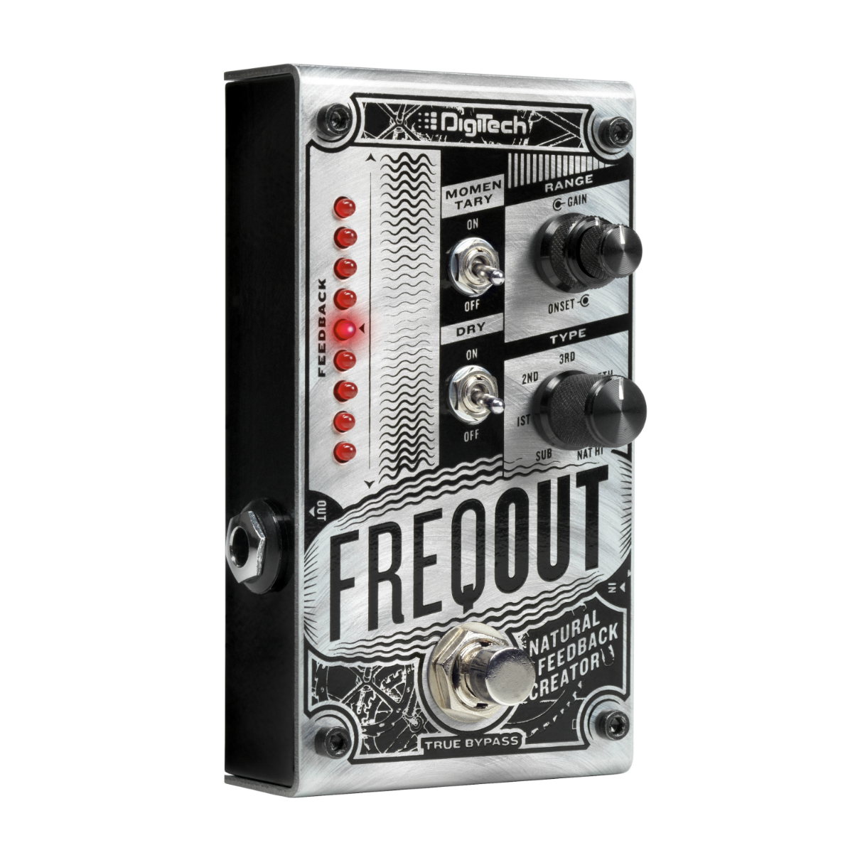DigiTech FreqOut natural feedback creator pedal — silver, side jack view
